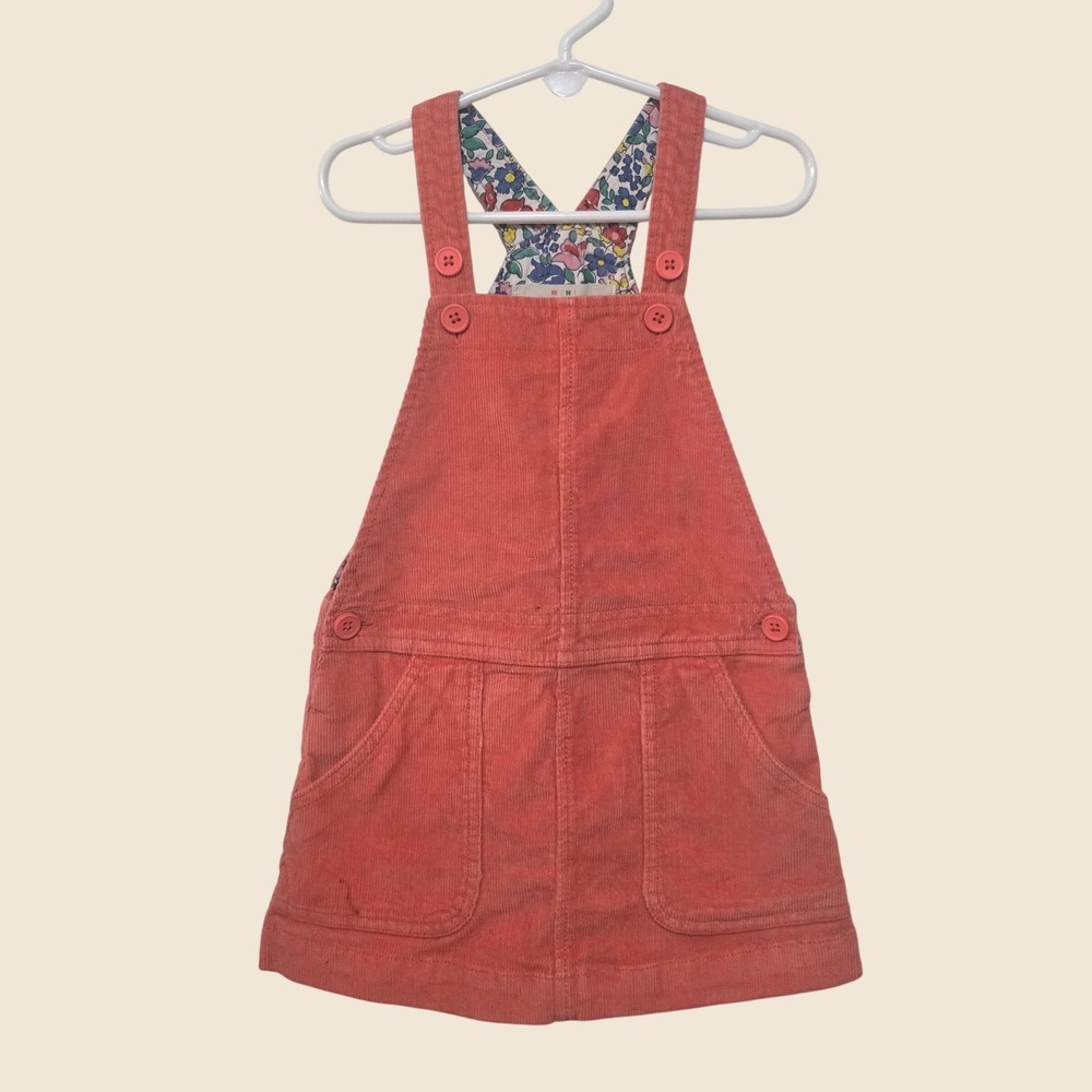Mini Boden Girls Coral Pink Corduroy Pinafore Dress Floral Lining Size 4-5Y